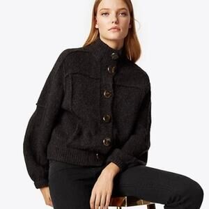 Tory Burch Jillian Wool Chunky Sweater Cardigan Charcoal Gray Sz XS Button Front